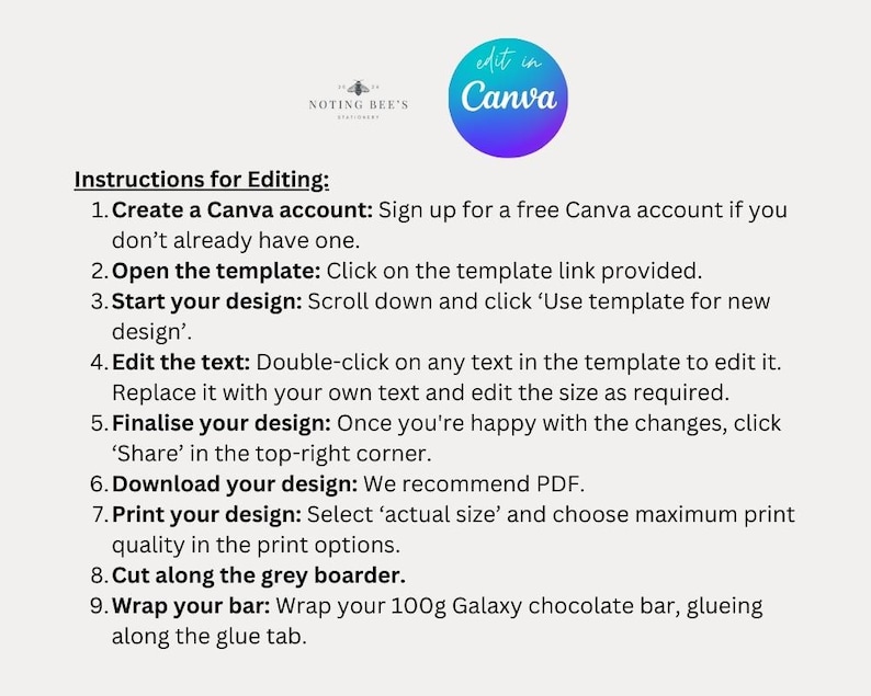 Pu&ograve; includere: Grafica beige chiaro con istruzioni per la modifica di un design in Canva. Il testo include i passaggi per creare un account, aprire un modello, modificare il testo e scaricare il design. Un logo circolare con "edit in Canva" in alto a destra.