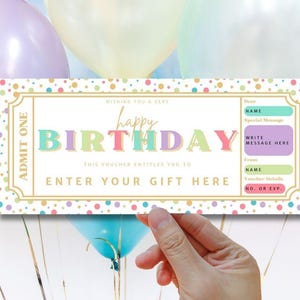 Plantilla de cupón de regalo editable "Feliz cumpleaños arcoíris", certificado de regalo imprimible, cupón de regalo de cumpleaños digital personalizado, regalo de último minuto