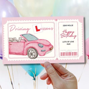 Vale de clase de conducción editable / Vale electrónico personalizado de cumpleaños para aprender a conducir en color rosa / Tarjeta de regalo digital / Impresión en casa / Regalo de último momento