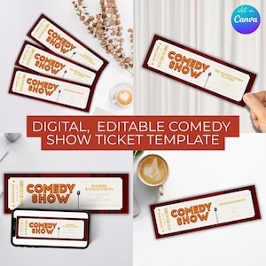 Puede incluir: Un collage de entradas para espectáculos de comedia con un diseño rojo y blanco. Las entradas presentan las palabras "COMEDY SHOW" en una fuente retro, un gráfico de micrófono y detalles del evento. La imagen también incluye el texto "DIGITAL, EDITABLE COMEDY SHOW TICKET TEMPLATE".
