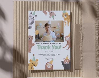 Carte de remerciement pour l'anniversaire des animaux de safari, modèle avec photo (téléchargement numérique)