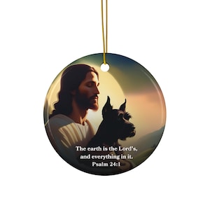 Scotty Hund Keramikverzierung, Weihnachtshund, religiöses Feiertagsdekor, Jesusverzierung, christliches Geschenk, Psalm 24: 1, Scottish Terrier, Gedenkstätte