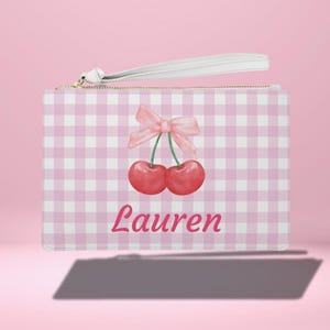 Personalized Cherry Coquette Clutch Bag, Cute Pink Checkered Pouch, Gift for Her, Summer Accessory, Bridal Party Favor, Cute Clutch Bag