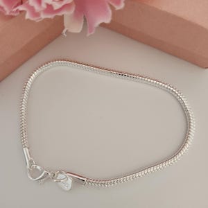 May include: A silver snake chain bracelet with a clasp. The bracelet is on a white surface.
