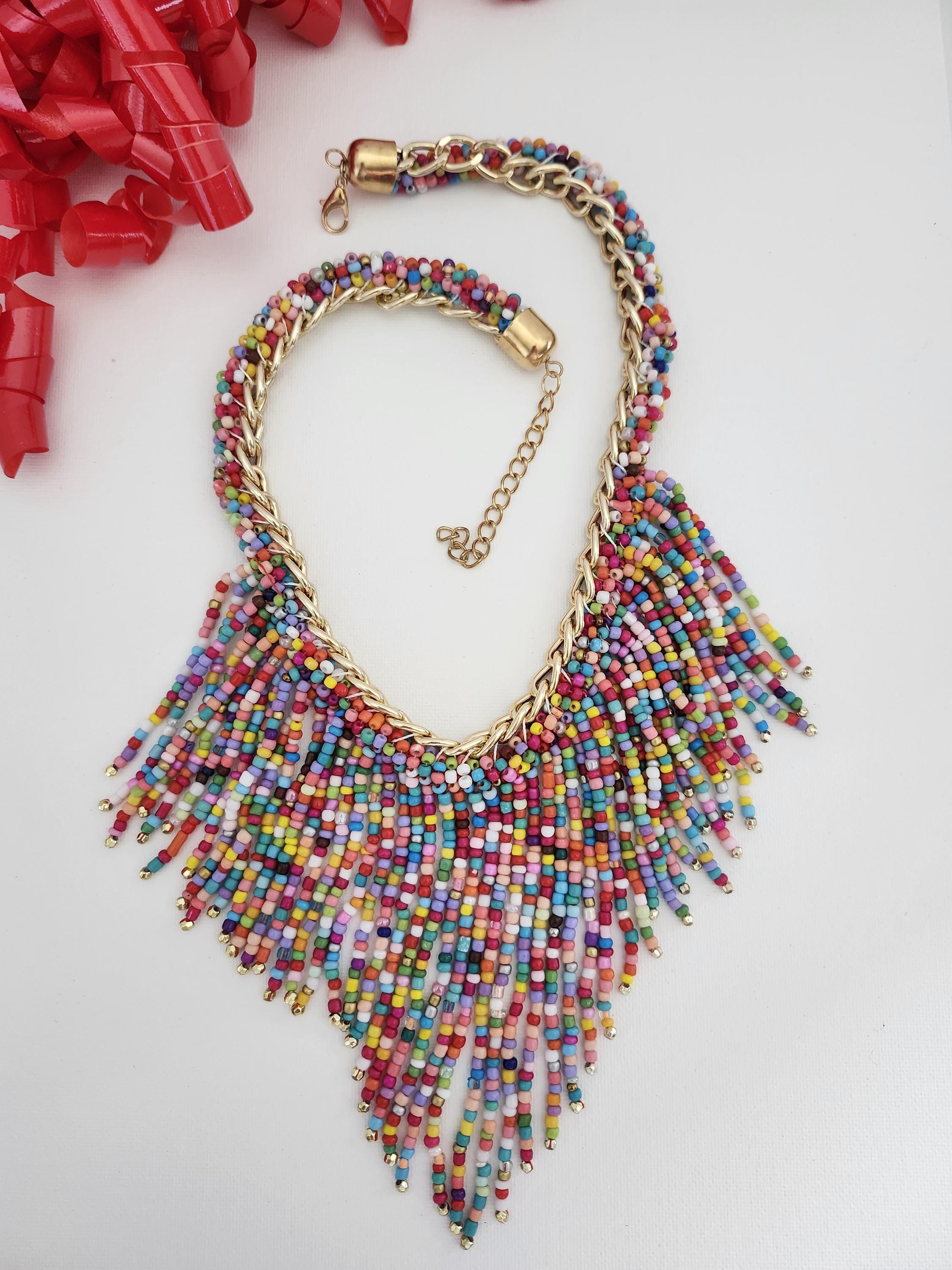 Bohemian Fringe Necklace. Woven Beaded Seed Beads. Unique Fashion Accessory
