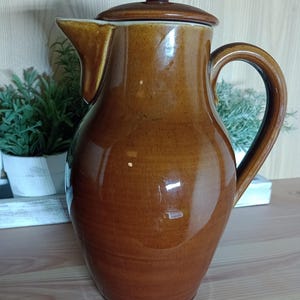 May include: A brown ceramic jug with a lid and a handle. The jug has a glossy finish and a rounded shape.