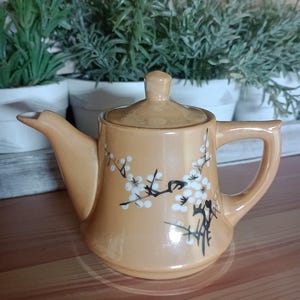 May include: A small, tan ceramic teapot with a floral design. The teapot has a lid and a handle. The floral design features white flowers and black branches.