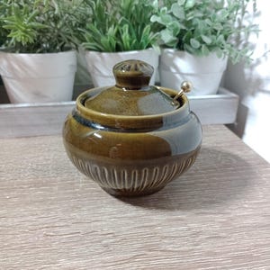 May include: A brown ceramic sugar bowl with a lid and a small gold spoon. The bowl has a ribbed design around the base and a dark brown glaze. The lid has a small knob on top. The background includes several small potted plants.