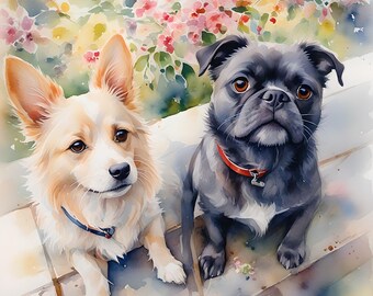 Retrato de mascota, retrato de acuarela personalizado ilustrado a mano, ideas para conmemorar a tu mascota, arte mural de perro personalizado en acuarela, digital