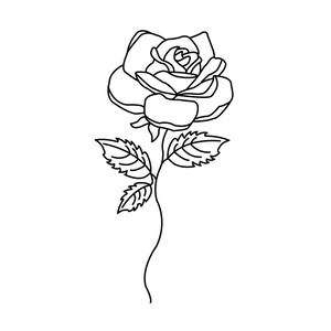 Pode incluir: Um desenho de linha preto e branco de uma única rosa com folhas.