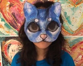 Therian Cat Mask Pre-made - Blue & White - Hand Painted - Therian Gear - For Therians, Furries, Otherpaws and Everyone!