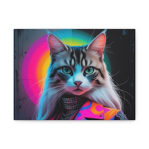 Colorful Cat Portrait Canvas Art, Modern Home Decor, Cat Lovers Gift, Wall Art, Unique Pet Portrait Printable, Vibrant Cat Painting