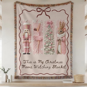 Custom Woven Throw Blanket Pink Christmas Decor Jacquard Knit Nutcracker Ballerina Movie Watching Blanket Personalized Cozy Holiday Gift