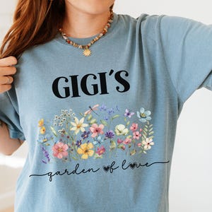 Comfort Colors t-shirt with Gigi’s Garden of Love print – relaxed fit grandma tee with custom option.
