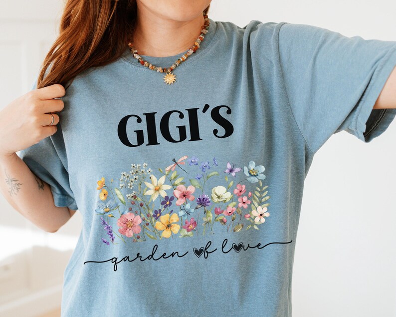 Comfort Colors t-shirt with Gigi’s Garden of Love print – relaxed fit grandma tee with custom option.