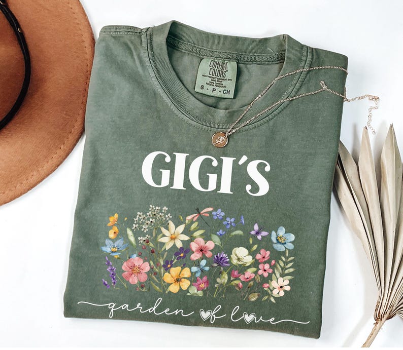 Gigi’s Garden of Love Comfort Colors t-shirt in moss with floral watercolor design – perfect personalized gift for grandma.