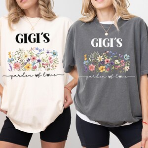 Matching mom and daughter set wearing Gigi’s Garden of Love shirts – personalized floral gift idea for Mother’s Day or birthday.