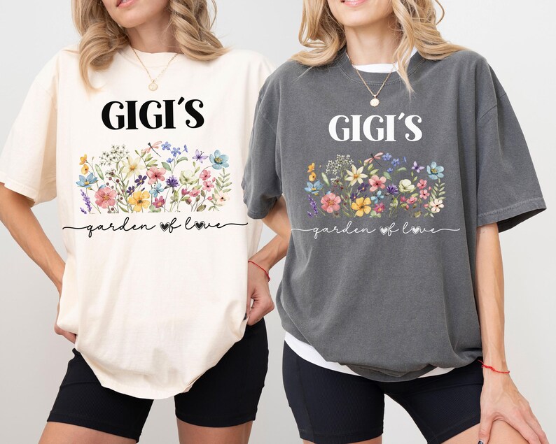 Matching mom and daughter set wearing Gigi’s Garden of Love shirts – personalized floral gift idea for Mother’s Day or birthday.