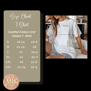 Size and color chart for Gigi’s Garden of Love t-shirt – Comfort Colors available in multiple soft shades.