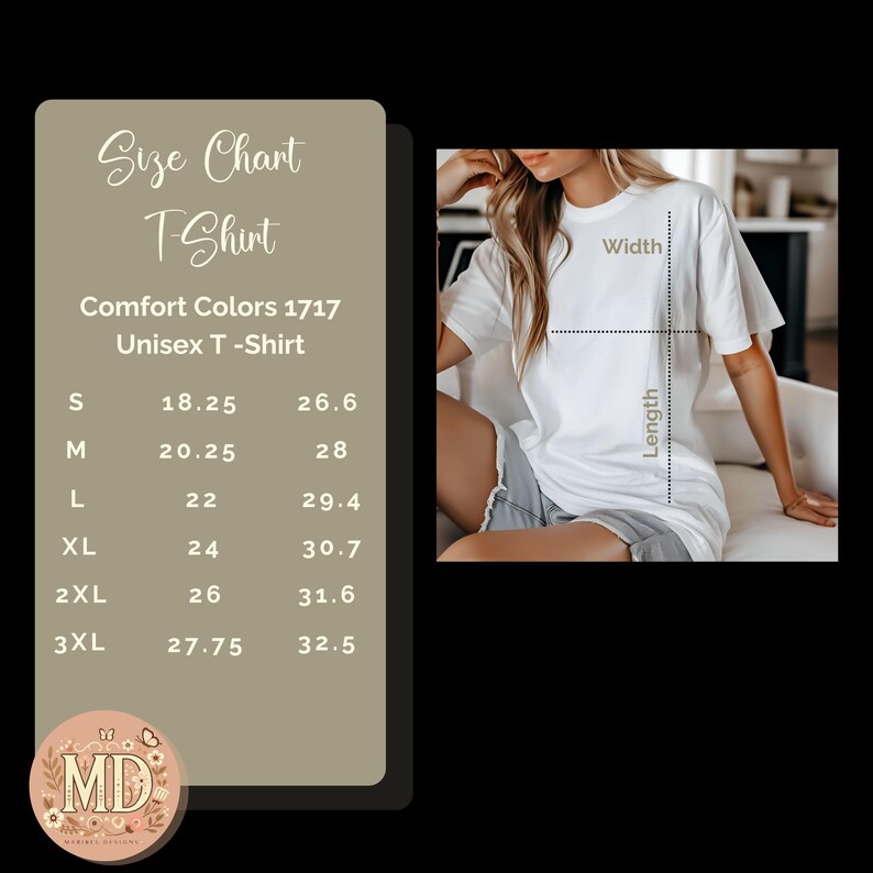 Size and color chart for Gigi’s Garden of Love t-shirt – Comfort Colors available in multiple soft shades.