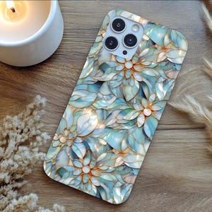 Mother of pearl case with floral design, luxury iridescent shimmer phone cover for iPhone Samsung models, elegant vintage aesthetic gift