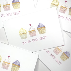 Tarjeta de felicitación del día de San Valentín: Eres muy dulce, ilustración original de cupcake vintage, tarjeta doblada, tarjeta individual o juego de 5
