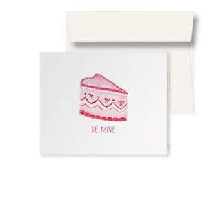 Biglietto di auguri per San Valentino: Be Mine, torta a forma di cuore vintage, fiocchi, illustrazione originale, biglietto piegato, biglietto singolo o set di 5