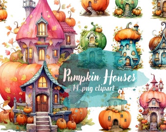 Watercolor Pumpkin Houses - Digital Download for Scrapbooking, Invitations, and More! Commercial Use