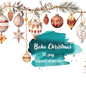 Aquarel Boho kerstversiering - digitale clipart illustraties direct downloaden, commercieel gebruik