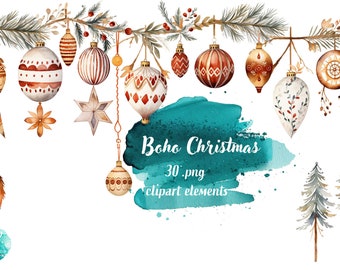 Watercolor Boho Christmas Decorations - Digital Clipart Illustrations Instant Download, Commercial Use