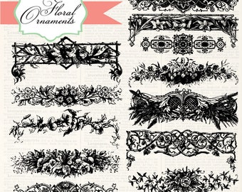 50% OFF SALE! Vintage Floral Ornaments, digital clip art and photoshop brushes: Instant Download