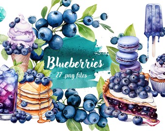 Watercolor Blueberries Graphics Digital Clipart | PNG Illustrations Instant Download