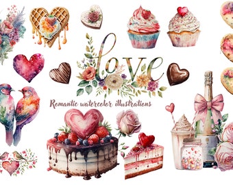 Watercolor Romantic Valentine Graphics Digital Clipart | Romantic Illustrations Instant Download
