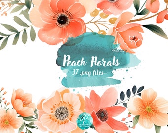 Peach Modern florals - Digital Clipart Illustrations Instant Download, Commercial Use