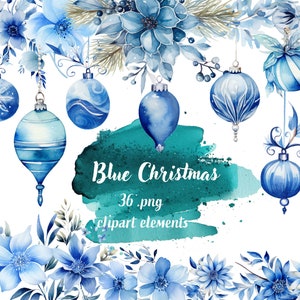 Aquarel blauwe kerstversiering - digitale clipart illustraties direct downloaden, commercieel gebruik