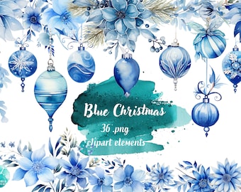 Watercolor Blue Christmas Decorations - Digital Clipart Illustrations Instant Download, Commercial Use