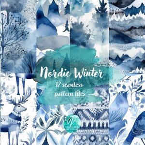 Papier numérique - Nordic Winter, Rustic Scandinavian Watercolor 12x12 printable paper digital download, commercial use