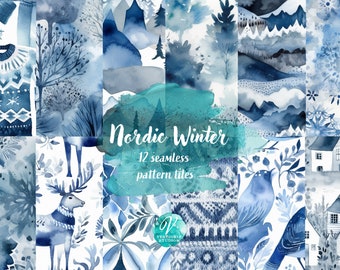 Digital Paper - Nordic Winter, Rustic Scandinavian Watercolor 12x12 printable paper digital download, commercial use