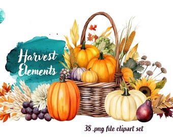Watercolor Harvest Elements - Digital Download for Scrapbooking, Invitations, and More! Commercial Use
