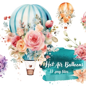Watercolor Floral Hot Air Balloons - Digital Clipart Illustrations Instant Download, Commercial Use