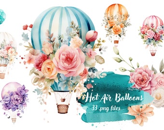 Watercolor Floral Hot Air Balloons - Digital Clipart Illustrations Instant Download, Commercial Use