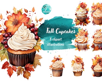 Watercolor Fall Cupcakes - Digital Download for Scrapbooking, Invitations, and More! Commercial Use