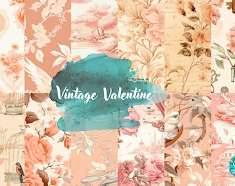Seamless Patterned Paper - Vintage Valentine, Peach toile antique romantic designs. 12x12 printable paper, digital download, commercial use