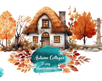 Watercolor Autumn Cottages - 31 clipart graphic set - Digital Download for Scrapbooking, Invitations, and More! Commercial Use