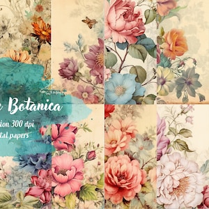 Papier numérique - vintage Botanica, ensemble de papier imprimable botanique 12x12 téléchargement numérique, utilisation commerciale