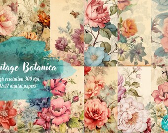 Digital Paper - Vintage Botanica, botanical 12x12 printable paper set digital download, commercial use