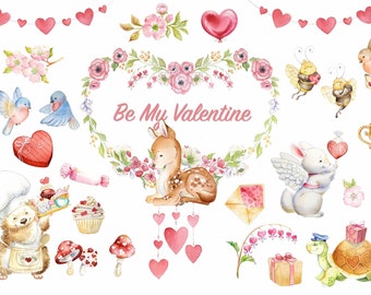 Watercolor Valentine Graphics Animals Digital Clipart | Romantic Illustrations Instant Download