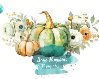 Watercolor Sage Pumpkins - Digital Download for Scrapbooking, Invitations, and More! Commercial Use