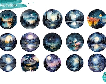Night Landscape Vignettes Clipart Illustrations-  Digital Download for Scrapbooking, Invitations, and More! Commercial Use