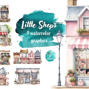 Whimsical Watercolor Shops,  Digital Download for Scrapbooking, Invitations, and More! Commercial Use
